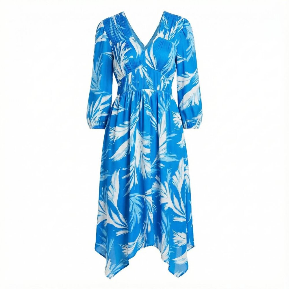Cupio V-Neck Pleated Dress Elegant Flowy Midi • Soft Lightweight Fabric